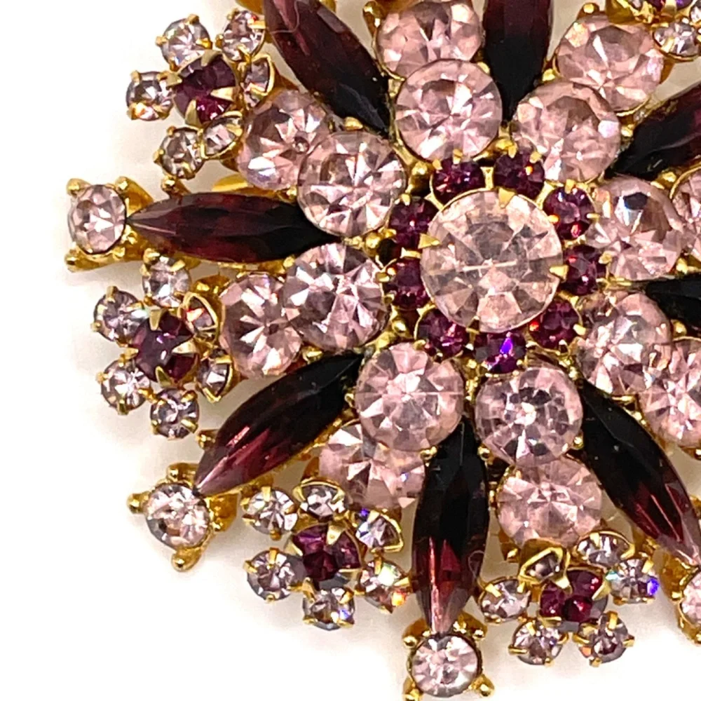 Vintage Pale Pink Deep Purple Rhinestone Sunburst Pin Brooch